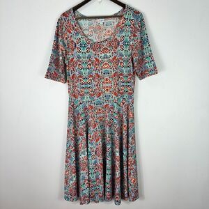 LuLaRoe Nicole Fit Flare Dress 2XL  Boho Geometric Floral Skater‎  Mod Retro